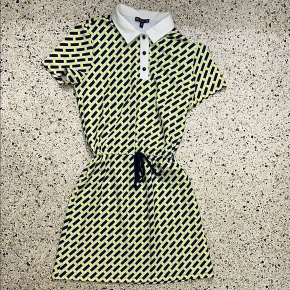 Melly M Dresses & Skirts - Melly M navy yellow print drawstring waist mini collared polo dress small s